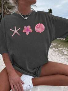 女士夏季新款简约贝壳海星印花休闲度假风百搭圆领杏色短袖T恤，时尚日常上衣，适合日常度假穿着。女士白色印花T恤 - 深灰色 - 查看 9