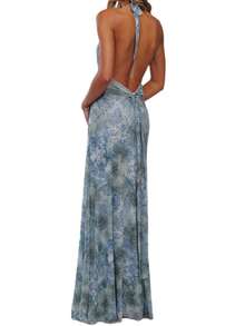 Womens Boho Floral Print Halter Maxi Bodycon Dress Summer Sexy Backless Flowy Long Dresses Beach Vacation Sundress - 藍色 - 查看 5