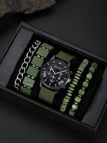 1 件男士时尚商务奢华休闲石英表 + 4 件手链套装，日常使用和节日礼物 - 軍綠色 - 查看 10