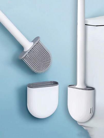 Tatukiko Upgraded Design Of 1pc Toilet Brush And Bracket Set, White Plastic Material, Circular Grip, Wall Mounted Silicone Toilet Brush With Anti Drip Base