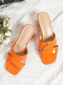 Orange Slip-On High Heels For Women, Cross Strap Peep Toe Square Toe Chunky Heeled Fashion Casual Beach Mules Summer Sandals