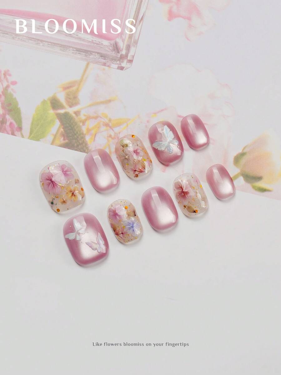 10 片手工制作短款指甲贴，粉色指甲，温柔花朵，夏季指甲，可重复使用假指甲