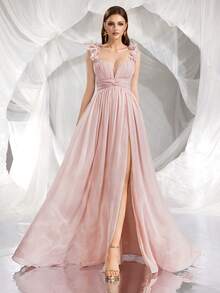 Elisanya Vestido de mujer de unicolor con hombros abiertos y detalles florales 3D, efecto de bodice plegado, adecuado para graduaciones, Halloween, Navidad, Acción de Gracias, ocasiones de fiestas, primavera/verano, formal, vestido de gala, para la noche, invitada de boda - Rosa vieja - Ver 6