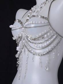 Unisex Sexy Body Chain, Pearl Necklace Lingerie, Alluring Exotic Transparent Bra Decor, Suitable For Party, Holiday, Nightclub, Music Festival - A - 查看 11