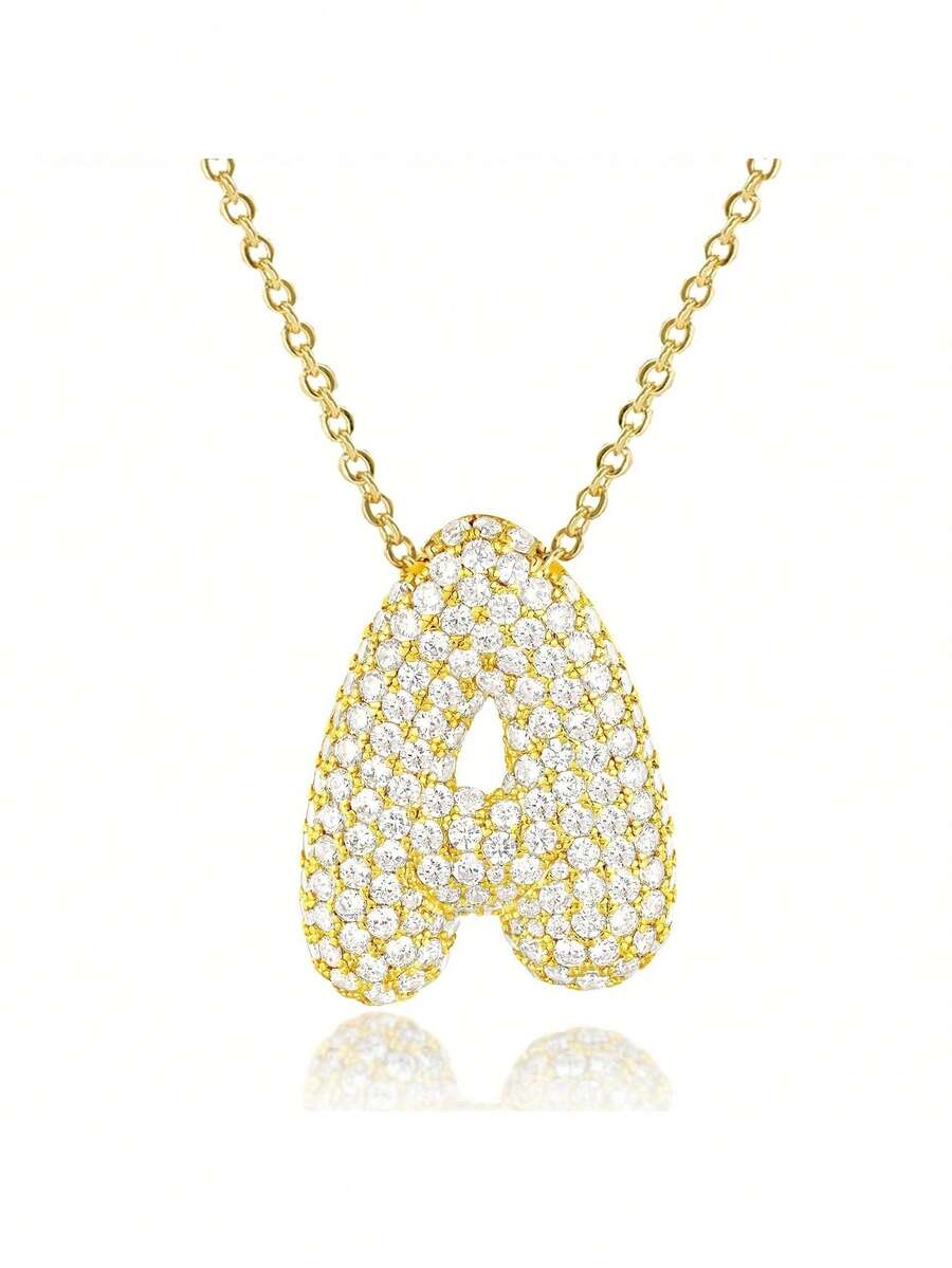 1件装女士超闪亮立方氧化锆字母项链，3D几何字母吊坠项链，复古奢华铜质吊坠项链，精致26字母吊坠首饰，送给女孩的礼物 - 金色-大號字母 - 查看 1