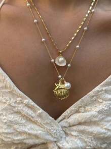 2pcs/Set Fashion Metal Starfish, Pearl & Shell Necklace Beach Jewelry Accessories