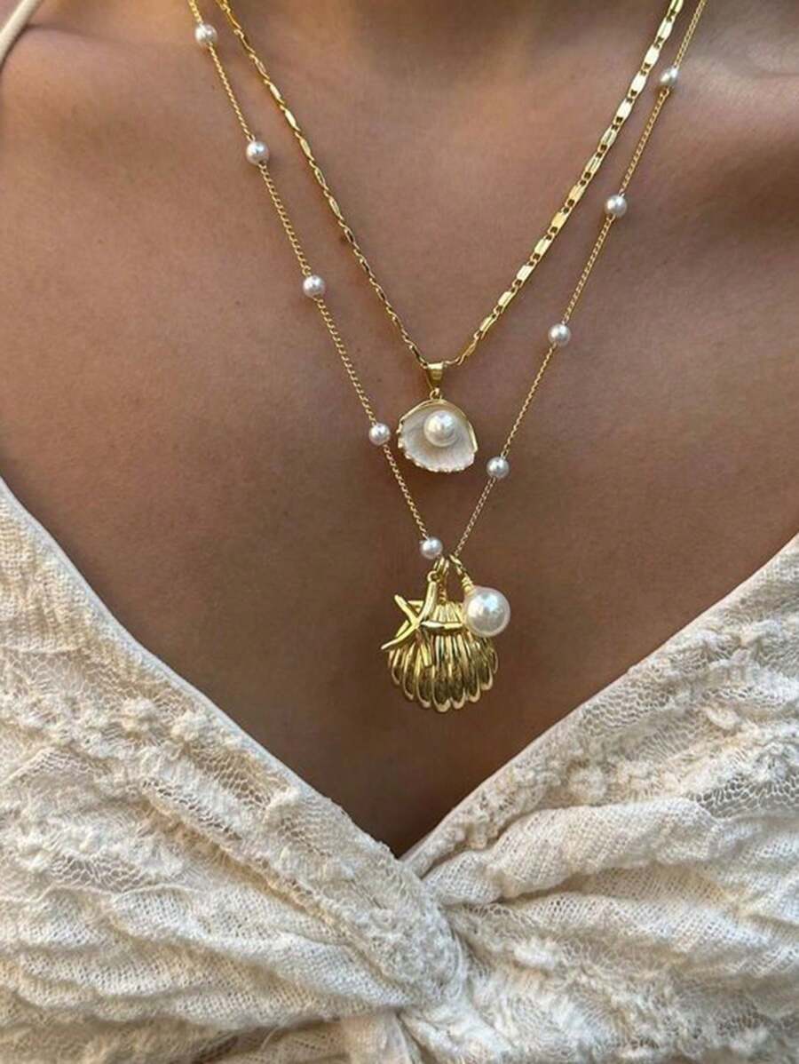 2pcs/Set Fashion Metal Starfish, Pearl & Shell Necklace Beach Jewelry Accessories