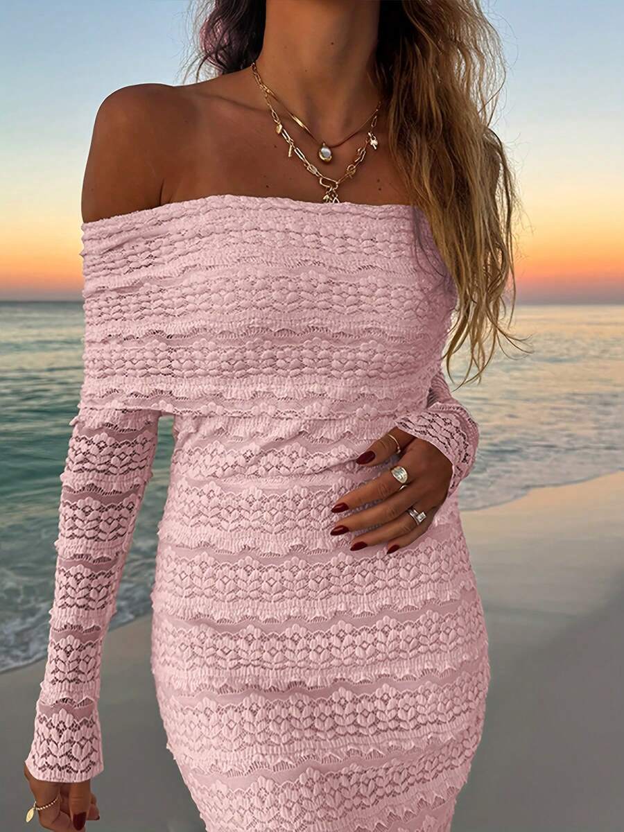 Off Shoulder Long Sleeve Bodycon Sexy Dress Pink Spring Elegant - Pink - View 1