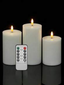 1/3 件白色无焰蜡烛，闪烁白色 LED 蜡烛，带遥控器和定时器，3D 灯芯电池柱状蜡烛，适用于婚礼、节日装饰，直径 3 英寸、4 英寸、5 英寸、6 英寸高 - 白色 - 查看 3
