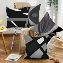 Set Of 4 Black Throw Pillow Covers Modern Abstract Grey Stripes Acrylic Bold Decorative Pillow Covers, Comfortable Washable Polyester Cushion Covers For Home Decor Square 17.7x17.7 Inch Pillow Covers (Pillow Core Not Included)