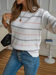 Maglione lavorato a maglia a righe e a blocchi di colore casual, da donna, taglie forti, per autunno/inverno