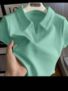 Women's Polo Shirt, Short Sleeve, Cotton, Simple, Casual, Knit, Everyday Wear - 薄荷綠 - 查看 2