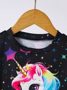 Girls' Summer Fashionable Cute Star & Unicorn Pattern Short Sleeve T-Shirt And Shorts Set, Suitable For Outdoor, Casual, Sports, Party