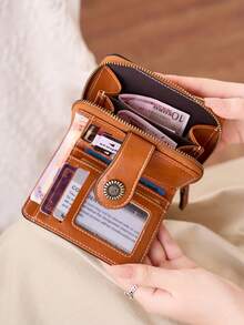 MIYIN 复古镂空对折女士钱包，时尚多功能短款钱包，拉链手拿包，便携商务休闲风格，带卡槽和拉链口袋，可装信用卡/身份证/现金，女士生日/周年纪念礼物 - 棕色 - 查看 9