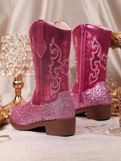 1 Pair Girls' Colorful Embroidered Sequin Synthetic Leather Round Toe Mid-Top Zipper Chunky Heel Western Style Shoes, Suitable For Everyday And Party Wear