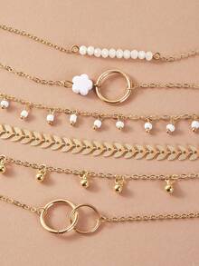 imoli 6pcs Set Vintage Style Metal Chain Circle Tassel Beaded Bracelet, Elegant Jewelry Gift For Women, Suitable For Daily Wear, Beach, Travel