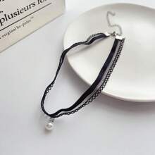1pc Fashionable Minimalist Sweet Cute Lolita Style White Lace Hollow Pearl Pendant Choker Necklace, Suitable For Everyday Wear