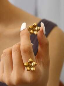 1 pieza Anillo elegante y vintage con diseño de flor chapado en oro de 18K de acero inoxidable, accesorio de moda sofisticado adecuado para verano, playa, viajes, trabajo, uso diario y fiestas para mujer