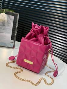 Drawstring Closure Square Mini Chain Shoulder Bag - Hot Pink - View 10
