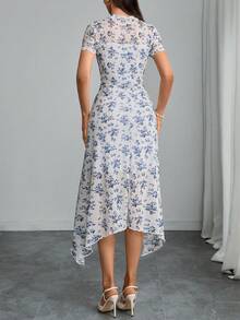 Đầm Gothic cổ điển in họa tiết lưới phối nhiều mảnh, cổ cao, eo cao, vạt bất đối xứng, dành cho nữ, thanh lịch mùa hè. - Màu xanh lam - Xem 2