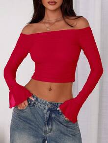 Women's Long-Sleeved T-Shirt Casual Temperament Off-The-Shoulder Pleated Slim-Fit Short Top Going Out Summer Shirt - 紅色 - 查看 5
