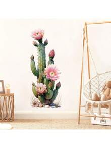 1 pieza Pegatinas de pared de cactus de dibujos animados para habitación de niños - Pegatinas de cactus con flores en acuarela, arte de pared removible para dormitorio infantil, fácil de aplicar, para niños, decoración adorable para guardería - Multicolor - Ver 1