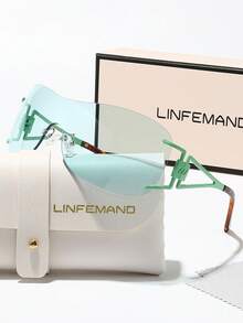 LINFEMAND 时尚无框一体式眼镜，带装饰性镜腿，适合女士，Y2K 风格派对配饰，节日礼物，学院风，适合返校季，包裹式镜腿装饰 - 彩色 - 查看 3