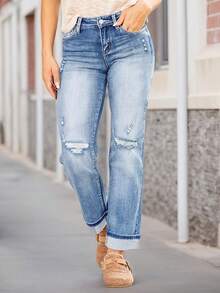 New Women's Fashion Stretch Ripped Slim Fit Jeans With Pockets - Elastic Straight Leg Denim Pants - Light Wash - View 2