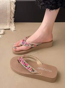 1 Par de Sandalias Tipo Chanclas con Cuña y Detalles de Lentejuelas Estilo Bohemio para Mujer, Sandalias de Playa y Exterior para Verano