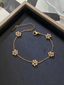 1pc Fashionable Delicate Twisted Faux Pearl Stainless Steel Bracelet With Pink Crystal Flower Handmade O-Link Chain Wristband, Suitable For Women, Spring/Summer/Autumn