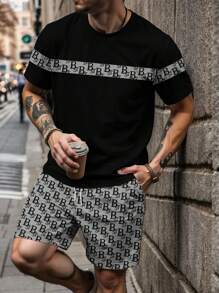 Men's Print Short Sleeve T-Shirt And Shorts Set, Casual And Fashionable Outfit For Summer
