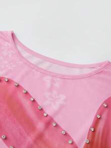 Womens Y2K Floral Sheer Mesh Shirts Tops Sexy See Through Long Sleeve Round Neck Rhinestone T Shirts Slim Fit Crop Tops Spring Summer Going Out Tops Blouses Beach Club Streetwear - Hồng - Xem 5