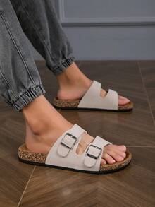 2025 Spring/Summer Plus Size Fashionable PU Soft Cork Bottom Sandals, Breathable Lightweight Casual Beach Slippers, Comfortable & Anti-Slip - Beige - View 2