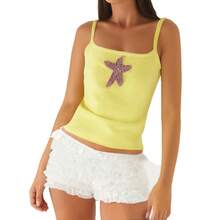 Women Y2k Starfish Cami Top Rhinestone Printed Crop Tank Tops Slim Fitted Knit Going Out Summer Beach Sleeveless Shirts Vest - Yellow - View 2