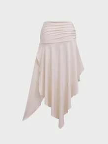 Women's Summer Solid Color Asymmetrical Hem Split Casual Skirt With Tie Waist, Relaxed Fashion Long Skirt Suitable For Daily Wear, Music Festivals, Rock