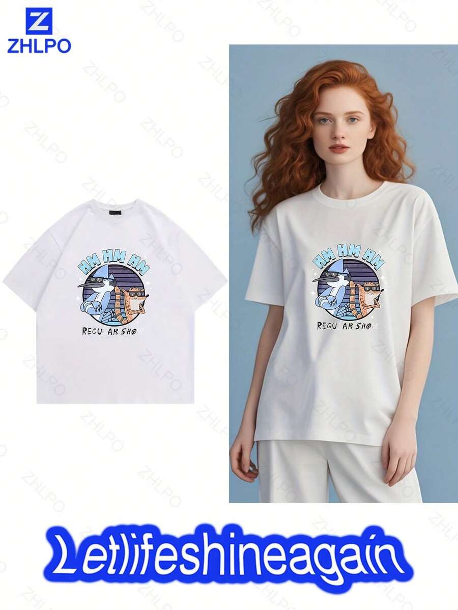 Regular Show Cartoon Characters Pattern Black Short Sleeve T-Shirt Baseball Player In Flag Design White T-Shirt Theme T-Shirt Men's Over Size Cotton 100% 180g Tops Comfortable Breathable Spring/Summer Short Sleeved O-Neck Women's Casual Printed Knitted Black/White - White - View 1