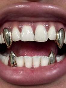 1 Paar metallische Fangzahn-Grillz, Punk Rock Hip Hop Zahnzubehör, einstellbare Kostümprobe für Partys, Festivals, Bühnenauftritte, unisex Geschenk mit Dentalkleber