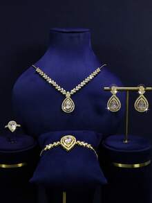 5pcs 18K Gold Plated Luxury Royal Style Square Tassel Design Bridal Wedding Jewelry Set, Including Necklace, Bracelet, Earrings, Ring, Handcrafted With White & Green Cubic Zirconia, Suitable For Daily Wear And Wedding Ceremony, Wedding Anniversary Gift - Bridal Set - View 13