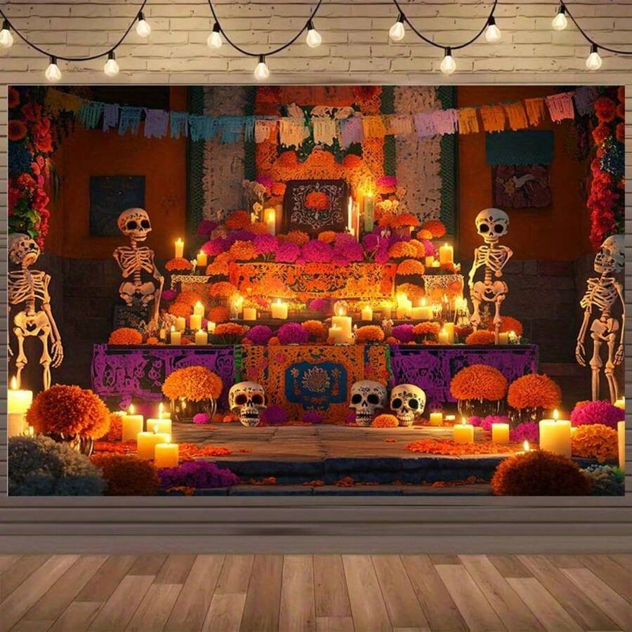 2D Banner - Skeleton, Candle, Marigold Flower, Paper Cut Pattern, Mexico Festival Altar Background, Suitable For Halloween Party Photography, Photo Booth Props, Birthday Party, Outdoor Celebrations, Ramadan, Halloween Party Decoration | Festival Altar Design | Polyester Background - Multicolor - View 1