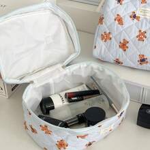 3pcs Makeup Bag Quilted Cosmetic Bag Silk Ribbon Large Floral Make Up Bag For Women Bow Cotton Makeup Bag Set Flower Travel Toiletry Bag - Xanh đậm - Xem 2