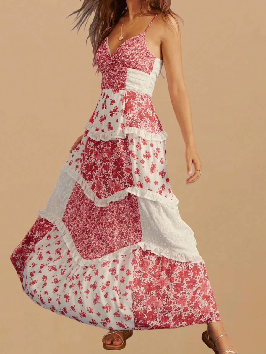 Summer Dresses For Women Boho Y2K Floral Maxi Dress Cute Lace Patchwork Ruffle Flowy Long Dress Sexy Spaghetti Strap Deep V Neck Backless Dresses Low Cut Beach Vacation Sundress - Đỏ - Xem 1