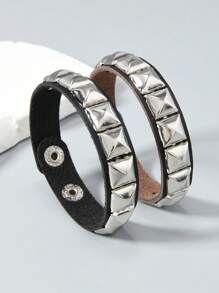 1 Peça Pulseira de Couro Estilo Punk Rock com Pirâmides Metálicas