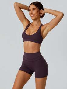 NcmRyu 1套女式性感露背吊带短款上衣和短裤运动套装 - 紫色 - 查看 7