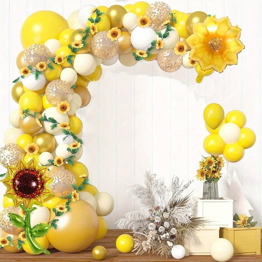 101 Stücke Sonnenblumen-Themen Ballon Party Girlande Bogen Set, gelbe Blumen Aluminium Folie Ballon Set, Geburtstags Party Dekoration, Hochzeit, Bridal-Shower Party Dekoration, Jahrestags Party Dekoration, Innen- und Außenbereich Dekorationssets
