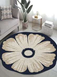1pc Premium Round Cream Floral Rug, Asymmetrical Shape Carpet For Living Room, Bedroom, Sofa, Coffee Table, Vanity, Soft & Comfortable, Lightweight & Easy To Clean, Home Decor
