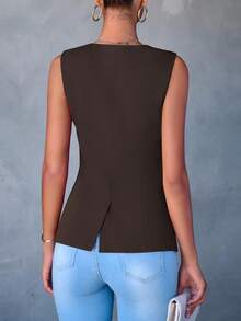 Women's Summer Suit Vest Top Formal Business Casual Sleeveless Button Slimming All Fashion Suit Jacket Vest - 深咖啡 - 查看 2