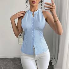 蓝白条纹无袖荷叶边腰商务休闲修身女士衬衫