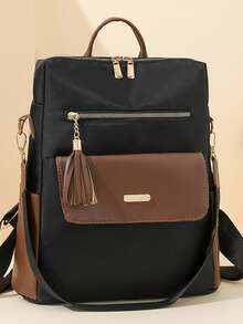 LECEY 时尚女士大容量旅行背包，带流苏吊坠防盗设计 - 黑色 - 查看 4