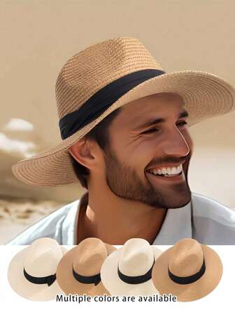 1pc Unisex Plain Color Straw Hat, Casual Bohemian Vintage Palace Style Street Elegant Summer New Handwoven Cap, French Style Sun Hat For Beach, Black Woven Band Suitable For Daily Outing And Street Use