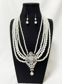 1 Set elegantes koreanisches Stil funkelndes Strass- & Perlen-Mehrschicht Halsketten- & Ohrringe Set, luxuriöser Retro Formeller Kleid Schmuck für Bühne, Party, Feiertage, Alltag